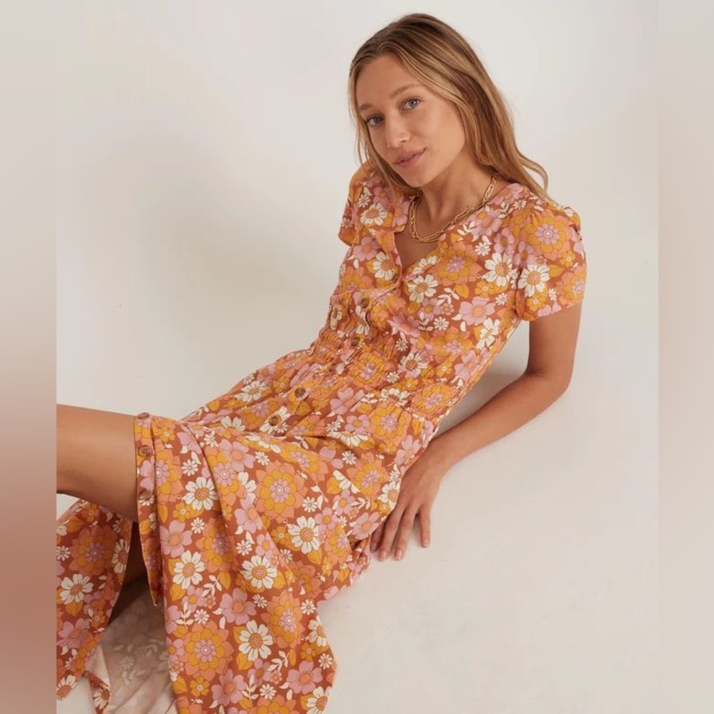 MARINE LAYER Annika Midi Dress Amber Brown Wallpaper Floral Size Small